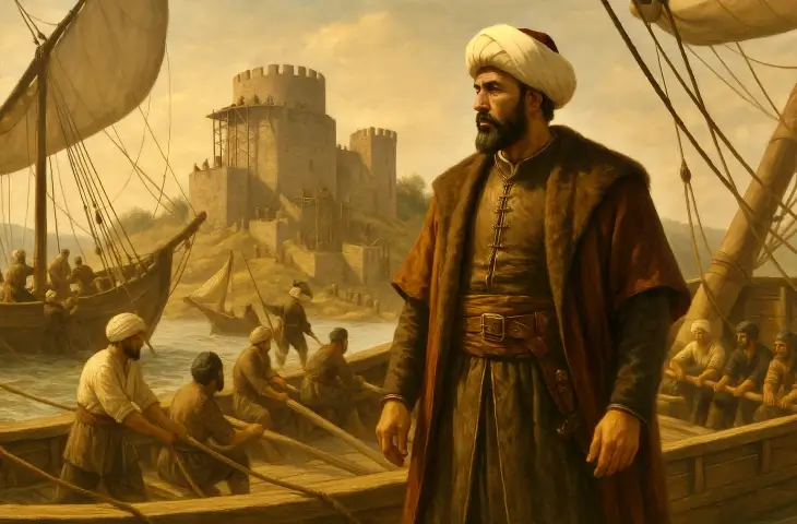 Osmanlı donanma komutanı Baltaoğlu Süleyman Bey’in Rumeli Hisarı yakınlarında kadırgalarla birlikte tasvir edildiği tarihsel canlandırma.